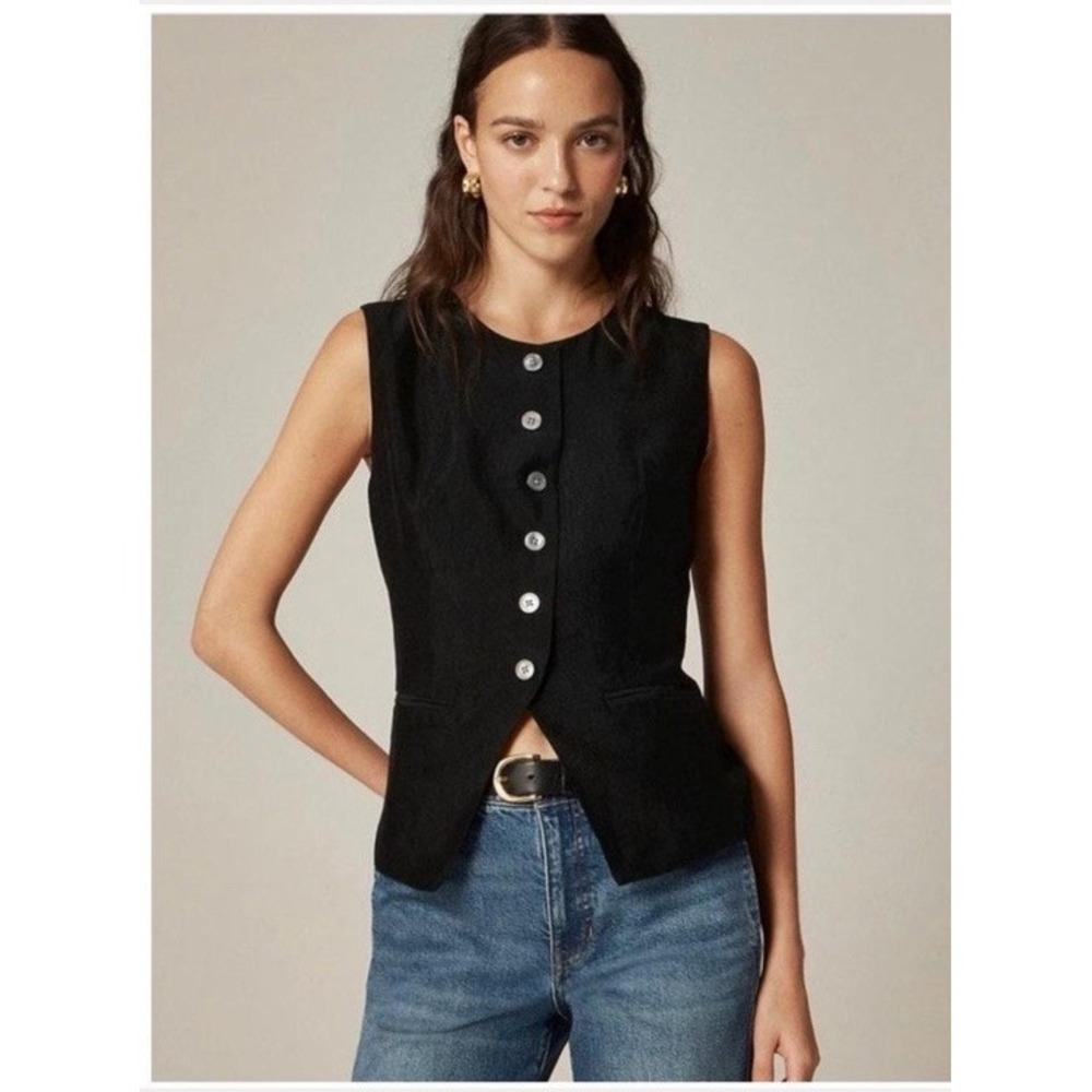 J Crew Size 4 Black Essential Cutaway Vest Top Black Satin Button